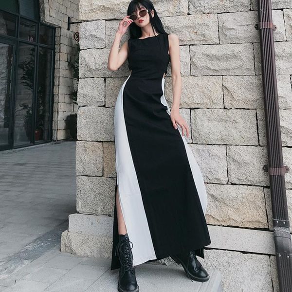 2021 round neck sleeveless contrast colors pullover bandage floor length summer vacation dress female vestido wl07801l, Black;gray 
2021 round neck sleeveless contrast colors pullover bandage floor length summer vacation dress female vestido wl07801l, Black;gray
