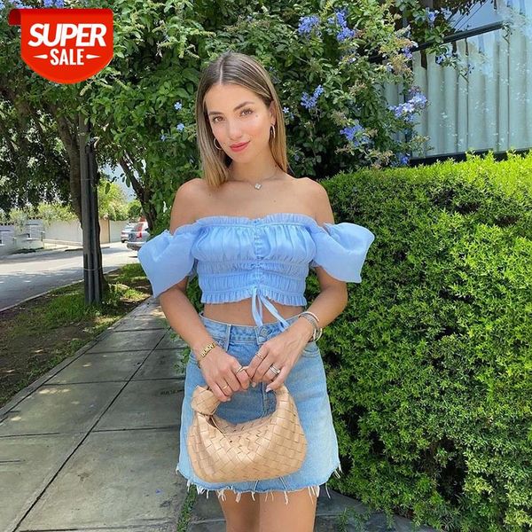 2020 summer women lady off shoulder ruched shirt blouse strapless blue bandage pleated stylish crops shirt beach party blusas #021p, White