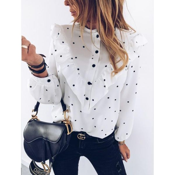 polka dot ruffles blouse shirt women spring autumn casual o-neck long sleeve buttons slim blouse fashion top, White
polka dot ruffles blouse shirt women spring autumn casual o-neck long sleeve buttons slim blouse fashion top, White