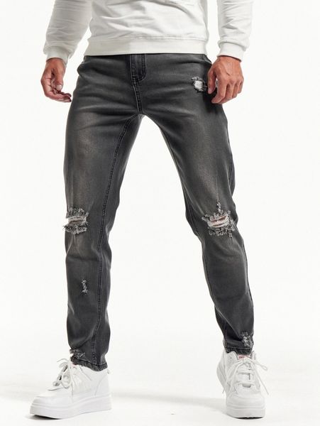 men ripped washed tapered jeans 77dg#, Blue