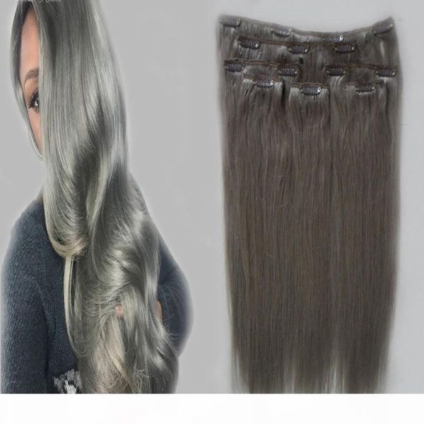 grey clip in human hair extensions straight 100g 7pcs, Black;brown