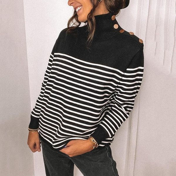 sweater pullover botton black white striped sweater ladies winter womens stand collar, White;black
sweater pullover botton black white striped sweater ladies winter womens stand collar, White;black