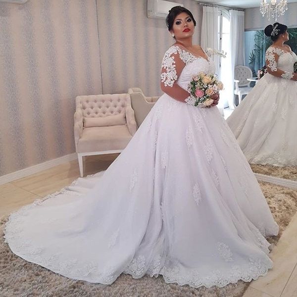 Image of Long Sleeves Tulle Ball Gown Wedding Dresses Fashion Appliques Court Train Vestidos De Noiva Formal Bride Wedding Plus Size Wedding Dresses