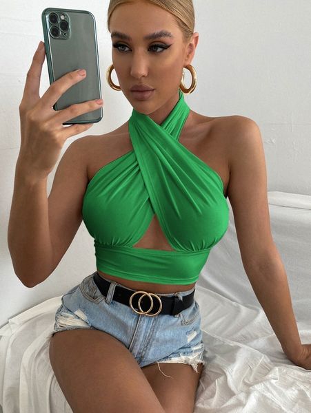 solid cross crop halter g0o8#, White 
solid cross crop halter g0o8#, White