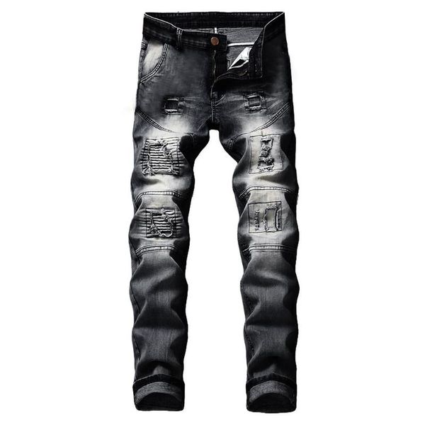 men's jeans vogue stretchy ripped skinny biker destroyed taped slim fit denim pants, Blue
men's jeans vogue stretchy ripped skinny biker destroyed taped slim fit denim pants, Blue