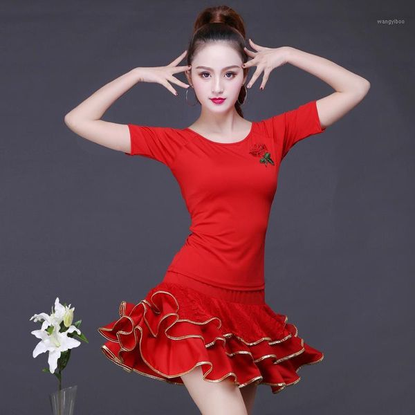 woman latin dance costume new summer short sleeve t-shirt skirt two pieces suit ballroom dance competition dresses1, Black;red 
woman latin dance costume new summer short sleeve t-shirt skirt two pieces suit ballroom dance competition dresses1, Black;red