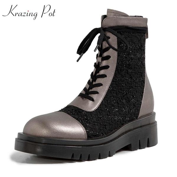 krazing pot genuine leather preppy style med heels motorcycle boots round toe lace up jelly bottom streetwear ankle boots l77, Black
krazing pot genuine leather preppy style med heels motorcycle boots round toe lace up jelly bottom streetwear ankle boots l77, Black
