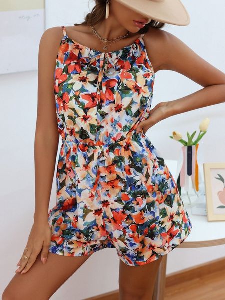 allover floral print knot front cami romper r5ls#, White