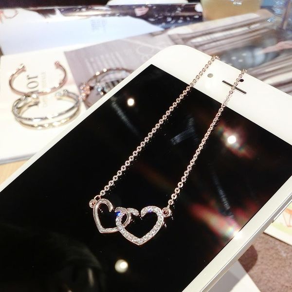 female rose gold color zircon pendant necklace romantic double heart shiny crystal wedding bridal charm necklace for women, Silver
female rose gold color zircon pendant necklace romantic double heart shiny crystal wedding bridal charm necklace for women, Silver