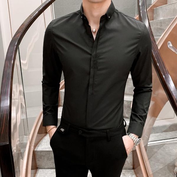 2021 autumn male young british wind long sleeve youth slim embroidery shirt embroidered shirt solid color slim coat, White;black
2021 autumn male young british wind long sleeve youth slim embroidery shirt embroidered shirt solid color slim coat, White;black