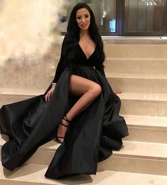 classic black prom dresses long sleeves 2021 a line deep v neck side slit party evening gowns, Black;red
classic black prom dresses long sleeves 2021 a line deep v neck side slit party evening gowns, Black;red