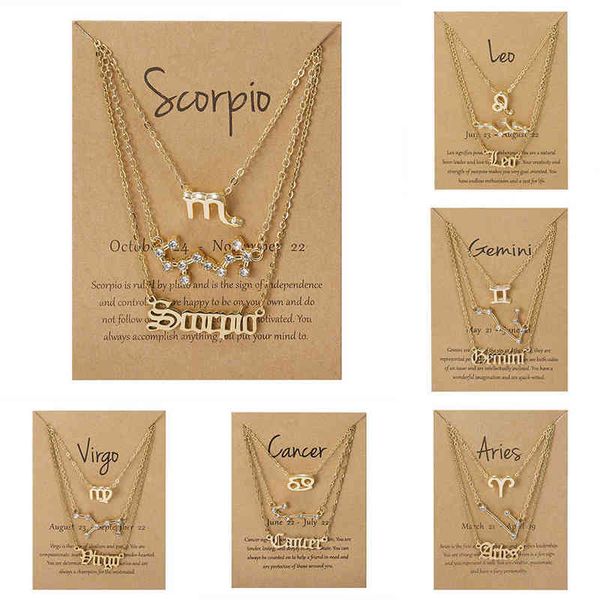 

3pcs/set 12 zodiac sign necklace for women 12 constellation pendant chain choker birthday jewelry with cardboard card g220310, Silver