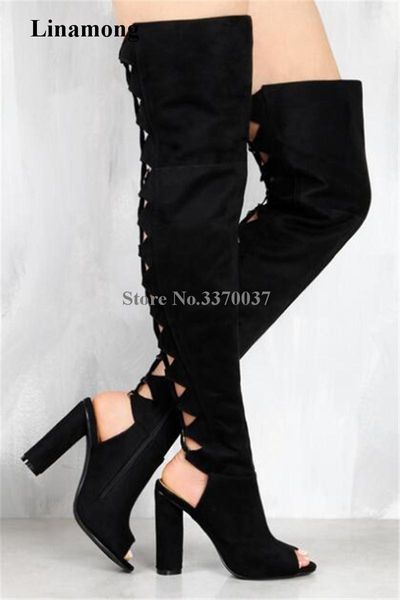 women new design open toe back lace-up over knee chunky heel gladiator boots cut-out suede leather thigh high thick heel boots1, Black
women new design open toe back lace-up over knee chunky heel gladiator boots cut-out suede leather thigh high thick heel boots1, Black