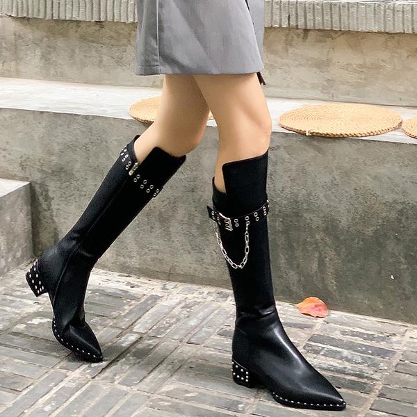 may niamh long boots for woman winter knee-high metal decoration pointed toe boots square heels keep warm lady shoes a143, Black
may niamh long boots for woman winter knee-high metal decoration pointed toe boots square heels keep warm lady shoes a143, Black