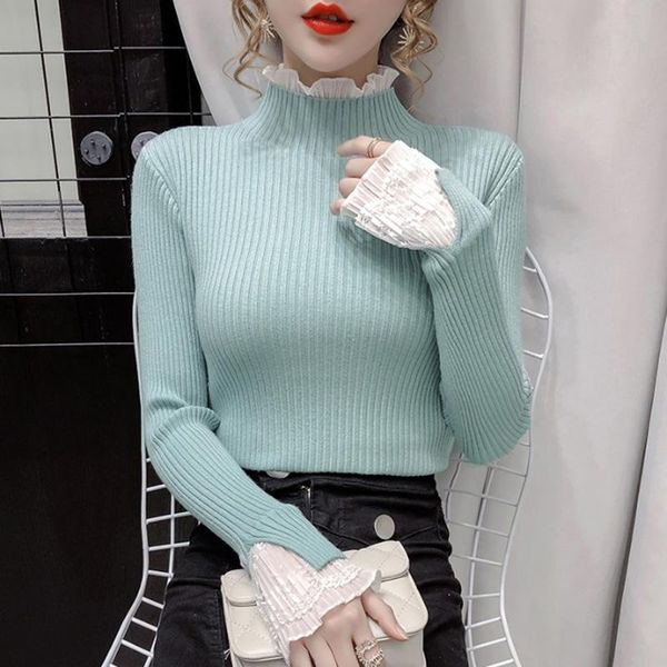 turtleneck lace knitting women sweater and pullovers flare sleeved solid elastic lady elegant pulls outwear, White;black
turtleneck lace knitting women sweater and pullovers flare sleeved solid elastic lady elegant pulls outwear, White;black