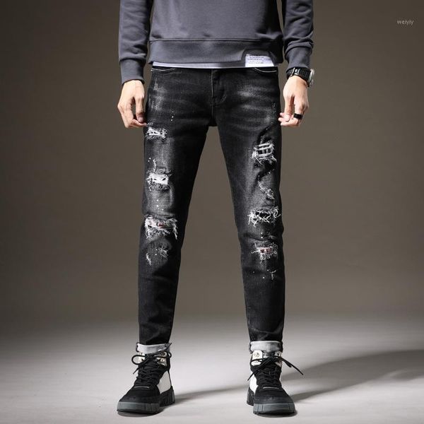 111-1213 popular logo new autumn/winter jeans men's patch slim straight trousers with individual print beggar ripped trousers1, Blue
111-1213 popular logo new autumn/winter jeans men's patch slim straight trousers with individual print beggar ripped trousers1, Blue