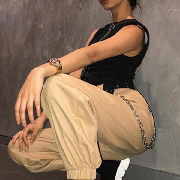women solid color loose elastic pocket cargo pants harem trousers with chain1, Black;white
women solid color loose elastic pocket cargo pants harem trousers with chain1, Black;white