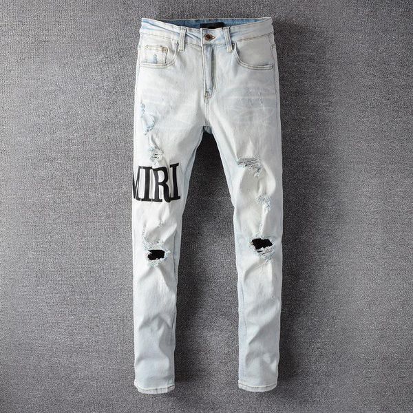 men's jeans high street embroider letter men fashion designer ripped hole slim fit trousers hip hop dance party pants, Blue
men's jeans high street embroider letter men fashion designer ripped hole slim fit trousers hip hop dance party pants, Blue