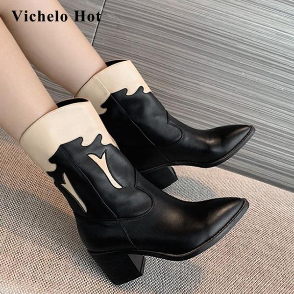 vichelo western boots genuine leather mixed colors pointed toe thick high heel slip on european designer mid-calf boots l7f11, Black
vichelo western boots genuine leather mixed colors pointed toe thick high heel slip on european designer mid-calf boots l7f11, Black