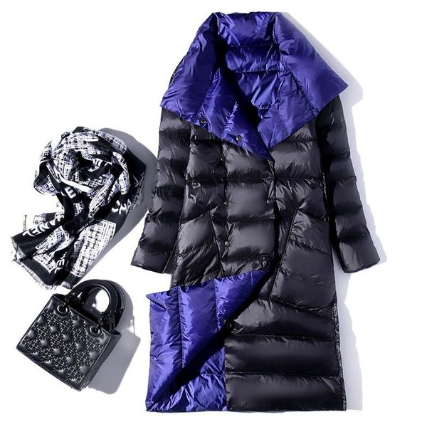 women double sided down long jacket winter turtleneck white duck down coat double breasted warm parkas snow outwear, Black
women double sided down long jacket winter turtleneck white duck down coat double breasted warm parkas snow outwear, Black