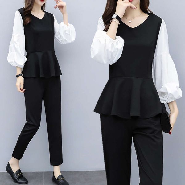 fall 2019 new fat mm large women's fashion bubble sleeve v-neck slim two piece set, Black;gray
fall 2019 new fat mm large women's fashion bubble sleeve v-neck slim two piece set, Black;gray