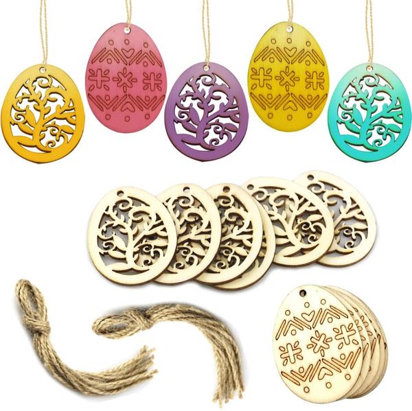 6pcs Wooden Easter Eggs Pendant Diy Wood Craft Easter Egg Ornament Home Decoration Hanging Pendants Festival Party Gift Supplies New E122805