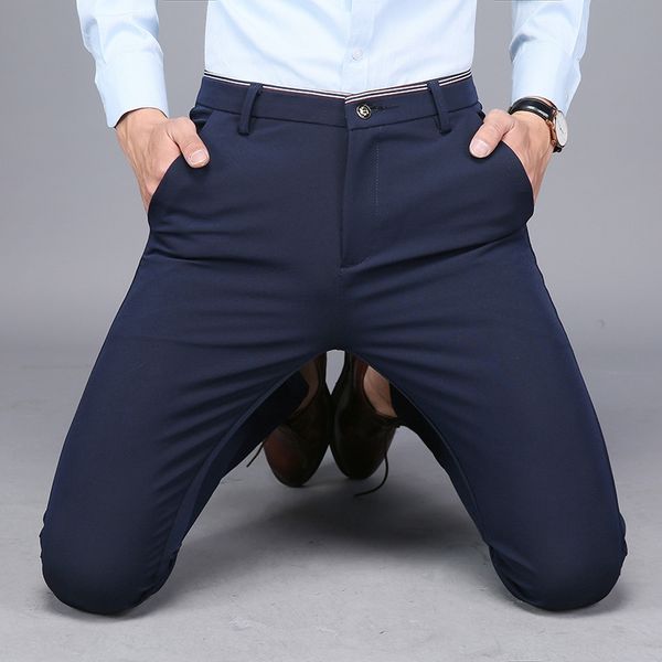 men's business casual elastic casual trousers slim korean fashion british legged pants men's easy to wear four side elastic pants, Blue 
men's business casual elastic casual trousers slim korean fashion british legged pants men's easy to wear four side elastic pants, Blue