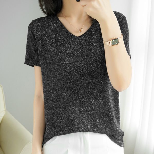 women's v-neck ice silk short sleeve knitted omen's summer 2020 new loose short sleeve bottoming shirt solid opcoatcolor thin t, White
women's v-neck ice silk short sleeve knitted omen's summer 2020 new loose short sleeve bottoming shirt solid opcoatcolor thin t, White
