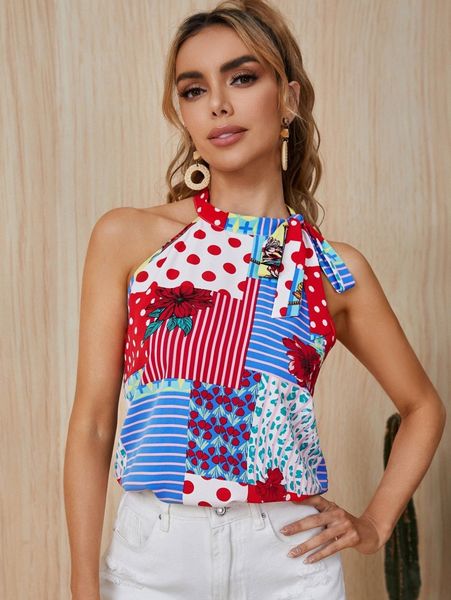 patchwork print knot neck halter g6oo#, White
patchwork print knot neck halter g6oo#, White