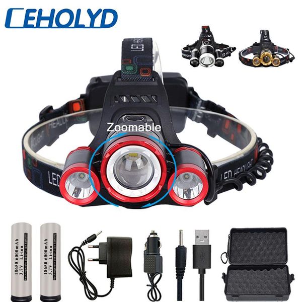 Super Bright Led Headlight 3*t6 Zoom Led Headlamp Torch Head Lights Lamp+2*18650 Battery+ac/car/usb Charger