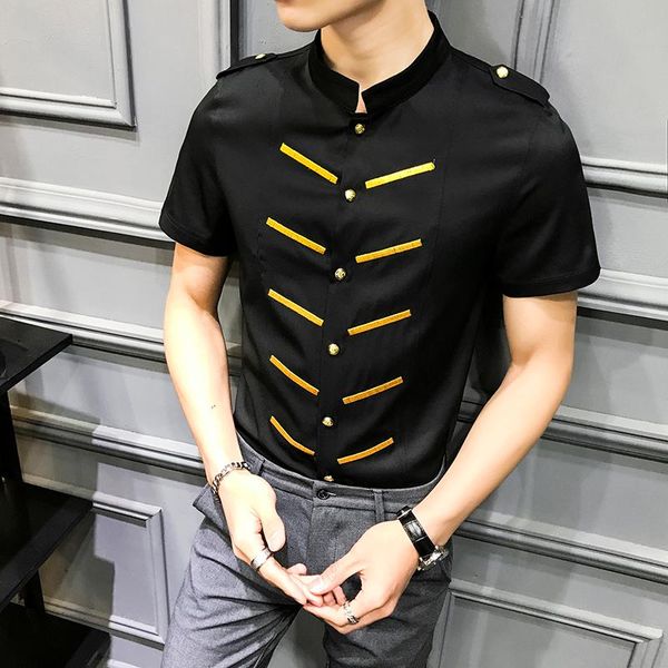 men's dress shirts mandarin collar short sleeve tuxedo shirt men embroidery bar front black white 2021 summer slim fit night club male, White;black 
men's dress shirts mandarin collar short sleeve tuxedo shirt men embroidery bar front black white 2021 summer slim fit night club male, White;black
