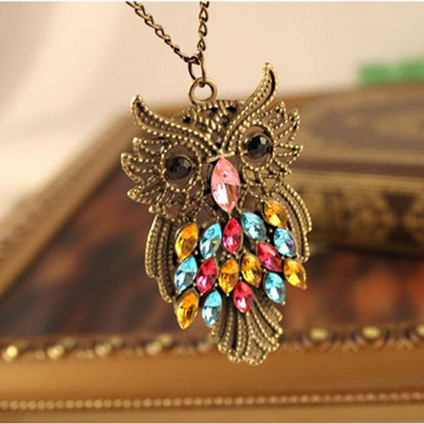 new retro colored diamond owl necklace simple and temperament sweater chain aaa38, Silver
new retro colored diamond owl necklace simple and temperament sweater chain aaa38, Silver