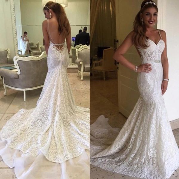 2021 backless mermaid wedding dresses luxury spaghetti sweep train lace appliques bridal gowns custom made, White
2021 backless mermaid wedding dresses luxury spaghetti sweep train lace appliques bridal gowns custom made, White