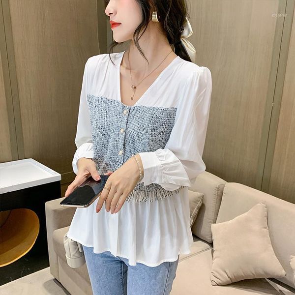 chiffon shirt women 2020 autumn new v-neck waist chiffon shirt women's long-sleeved stitching fashion small1, White
chiffon shirt women 2020 autumn new v-neck waist chiffon shirt women's long-sleeved stitching fashion small1, White