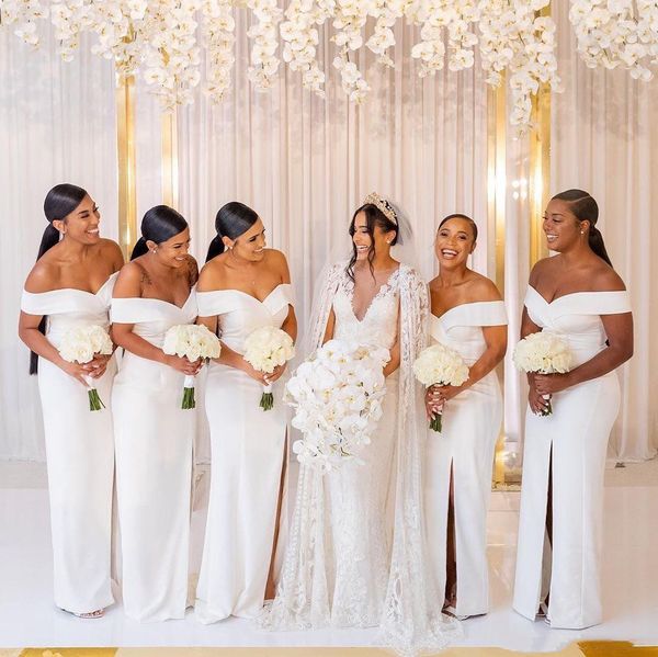 2021 white bridesmaid dresses off the shoulder satin long maid of honor dresses ruched split sweep train wedding guest gowns plus size, White;pink
2021 white bridesmaid dresses off the shoulder satin long maid of honor dresses ruched split sweep train wedding guest gowns plus size, White;pink