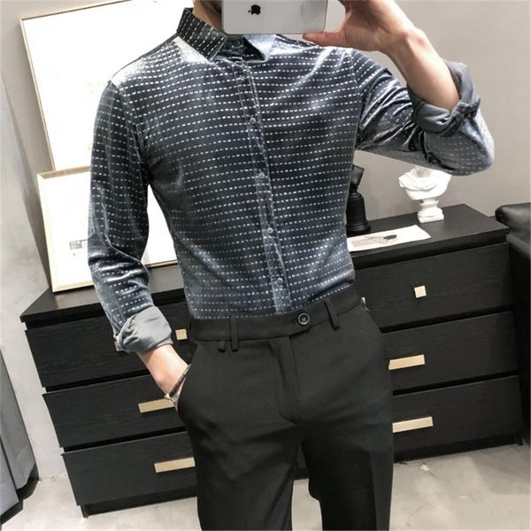 men's casual shirts fashion polka dot velvet men business formal dress 2021 spring long sleeve slim shirt social streetwear top, White;black
men's casual shirts fashion polka dot velvet men business formal dress 2021 spring long sleeve slim shirt social streetwear top, White;black