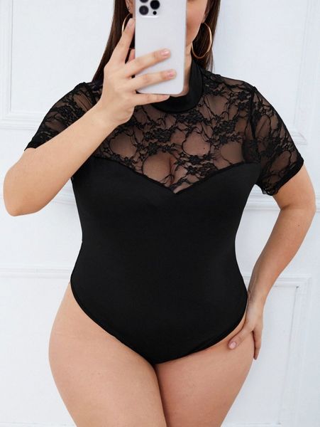 plus lace insert mock neck bodysuit q3ml#, Black
plus lace insert mock neck bodysuit q3ml#, Black