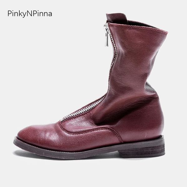 women runway style mid-calf boots front zipper low heels booties genuine leather soft sheepskin vintage punk winter autumn shoes, Black
women runway style mid-calf boots front zipper low heels booties genuine leather soft sheepskin vintage punk winter autumn shoes, Black