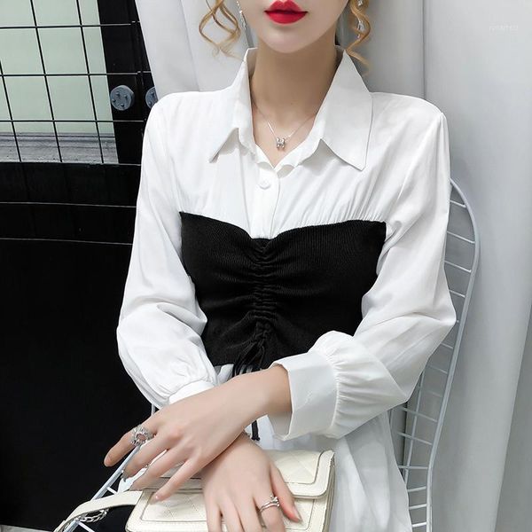 spring fall korean style fake two pieces blouse chic color blocking patchwork drape women shirt, White
spring fall korean style fake two pieces blouse chic color blocking patchwork drape women shirt, White
