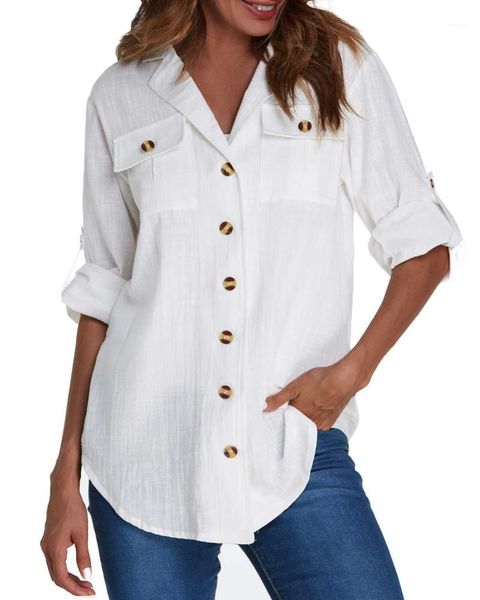 women casual solid blouse shirts elegant turn-down collar lapel 3/4 sleeve pockets buttons asymmetrical hem blusas femininas1, White
women casual solid blouse shirts elegant turn-down collar lapel 3/4 sleeve pockets buttons asymmetrical hem blusas femininas1, White
