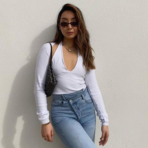 women cropped shirt halter ladies long sleeve hollow t-shirts fall wrapped party solid color sliming club clothes, White
women cropped shirt halter ladies long sleeve hollow t-shirts fall wrapped party solid color sliming club clothes, White