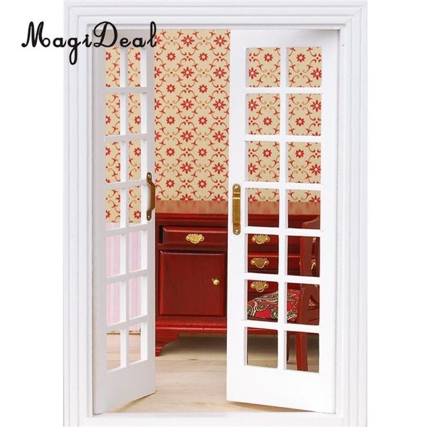 Magideal 1set 1/12 Dollhouse Miniature Exterior Wooden French Door For Dolls House Bedroom Living Room Furniture Toy White Y200428
