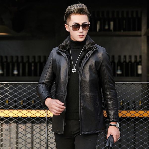 men's leather & faux mink coat fur integrated man's goatskin detachable liner medium long lapel, Black
men's leather & faux mink coat fur integrated man's goatskin detachable liner medium long lapel, Black