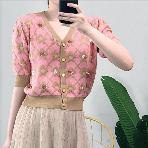 sequin flowers knit cardigan t-shirt women fashion summer color contrast v collar short female knitting t shirts w171, White
sequin flowers knit cardigan t-shirt women fashion summer color contrast v collar short female knitting t shirts w171, White