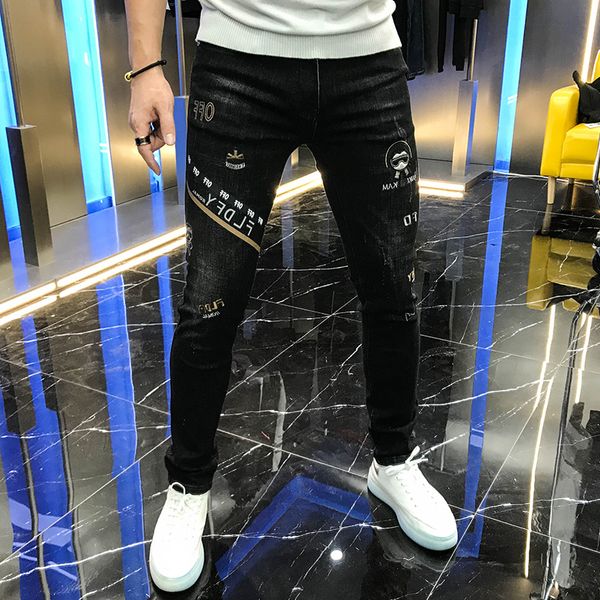 fall 2020 men's new style stretch legged fashion label slim letter print thorn flower black handsome pants jeans for men, Blue
fall 2020 men's new style stretch legged fashion label slim letter print thorn flower black handsome pants jeans for men, Blue