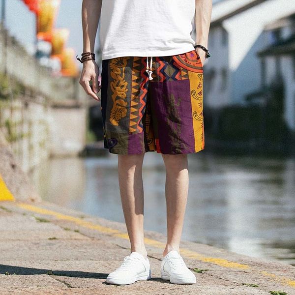 men's japanese casual drawstring printed streetwear mens summer men shorts cotton linen clothes, White;black 
men's japanese casual drawstring printed streetwear mens summer men shorts cotton linen clothes, White;black