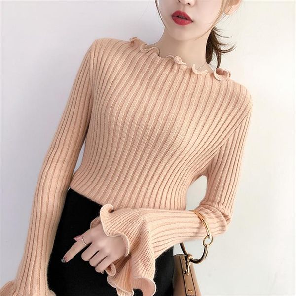 autumn winter sweater women pullovers fashion womens solid ruffles full flare sleeve sweaters for female, White;black
autumn winter sweater women pullovers fashion womens solid ruffles full flare sleeve sweaters for female, White;black