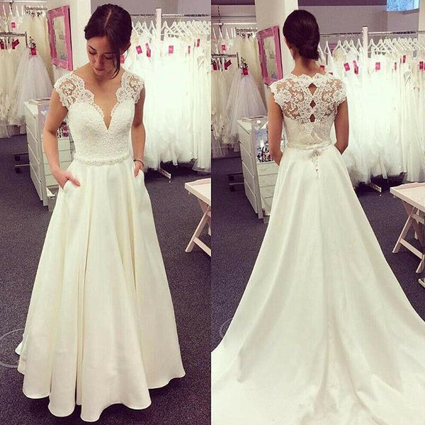 gorgeous lace appliques arabic beach wedding gowns a line sleeveless deep v neck long formal dresses vestidos, White
gorgeous lace appliques arabic beach wedding gowns a line sleeveless deep v neck long formal dresses vestidos, White