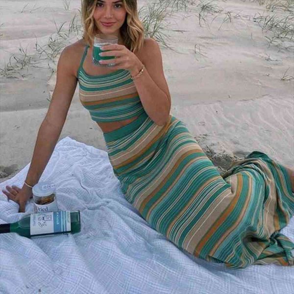 beach style knitted striped long skirt women summer vacation backless sleeveless crop halter green high waist skirt, Black