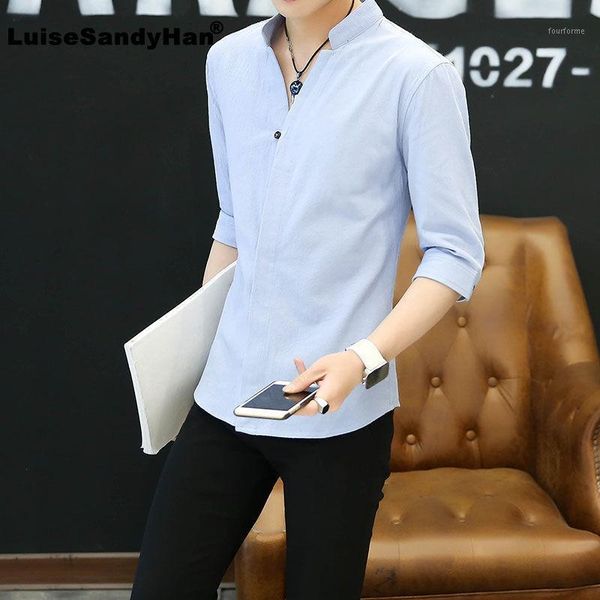 men's casual shirts stand collar solid color mid-sleeved shirt men's slim 3/4 sleeve single-breasted simple fashion blouse man spr, White;black
men's casual shirts stand collar solid color mid-sleeved shirt men's slim 3/4 sleeve single-breasted simple fashion blouse man spr, White;black